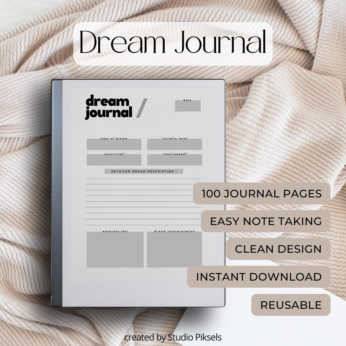 Dream Journal for reMarkable 2 and reMarkable Paper Pure featuring 100 reusable dream tracking pages with minimalist grayscale layouts and structured reflection sections