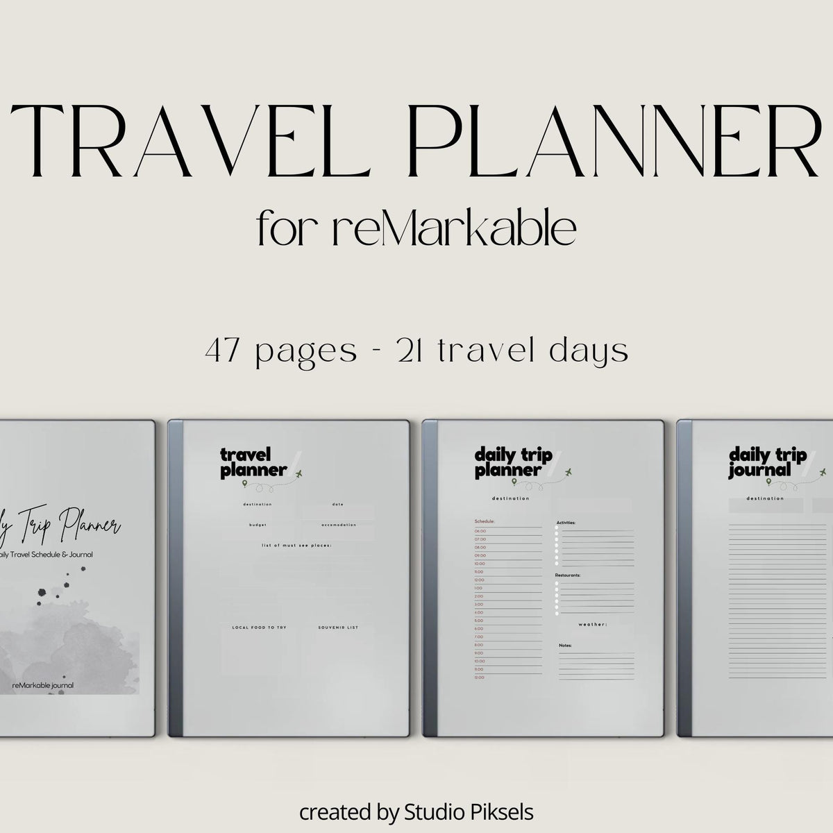 Daily Travel Planner PDF for reMarkable 1 and 2 with 21 day planner, journal pages, and minimalist trip layout.