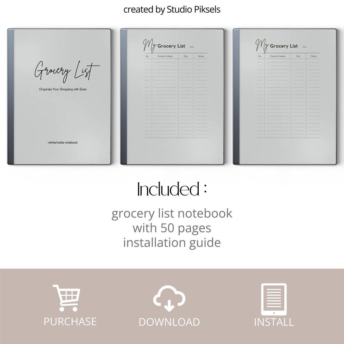 Grocery List Planner PDF for reMarkable 2 and Paper Pure with grayscale shopping list pages and minimalist grocery organization layout