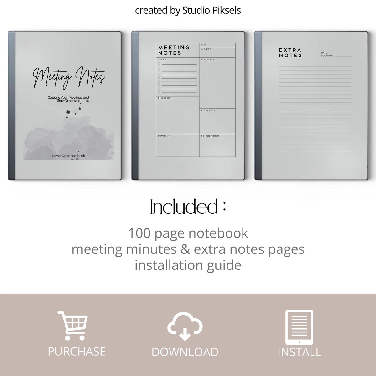 Meeting Minutes Notebook PDF for reMarkable 2 and Paper Pure with grayscale meeting note templates and structured digital writing pages