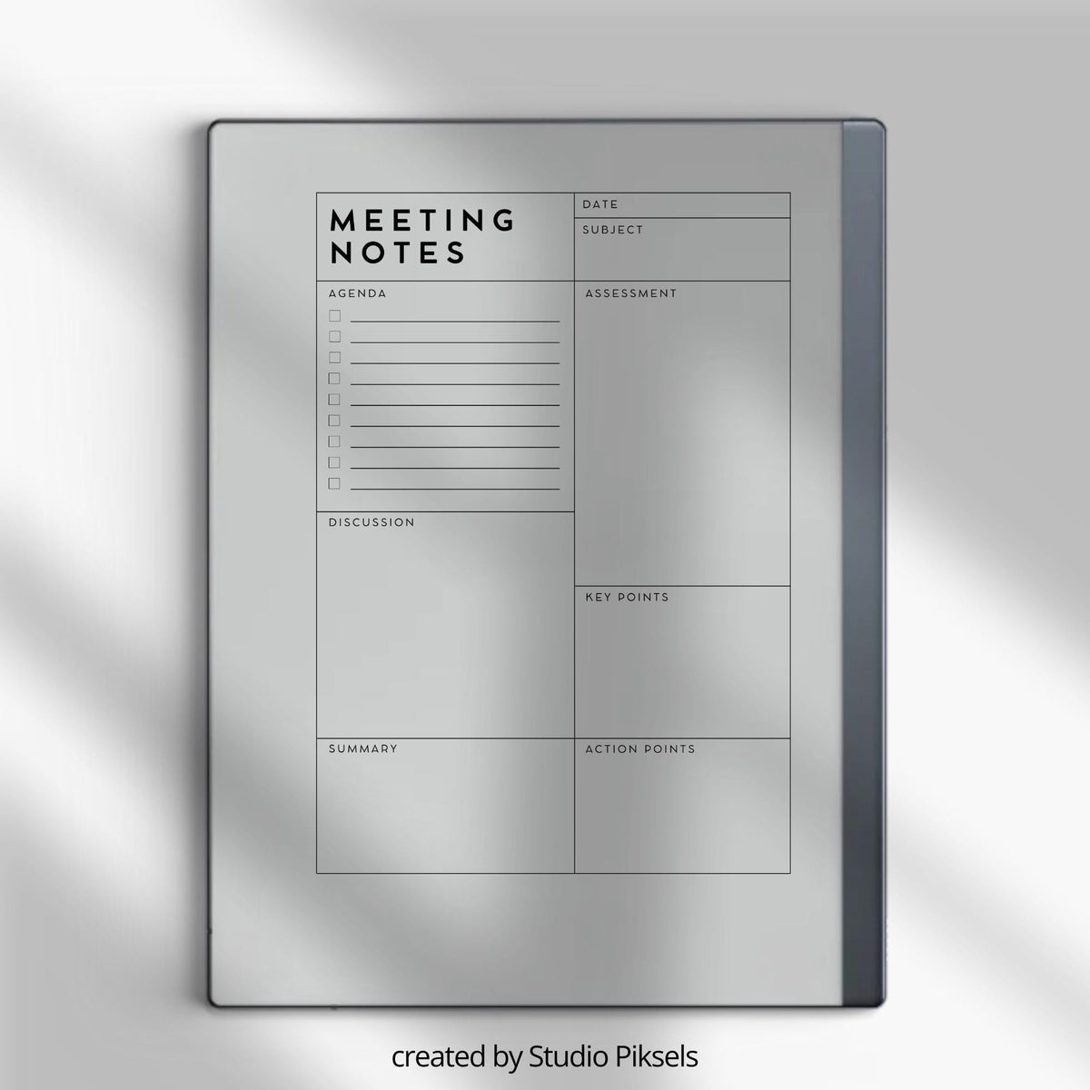 Meeting Minutes Notebook PDF for reMarkable 2 and Paper Pure with grayscale meeting note templates and structured digital writing pages