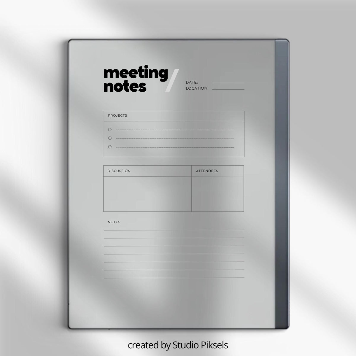 Meeting Minutes Notebook PDF for reMarkable 2 and Paper Pure with grayscale meeting note templates and minimalist digital writing pages
