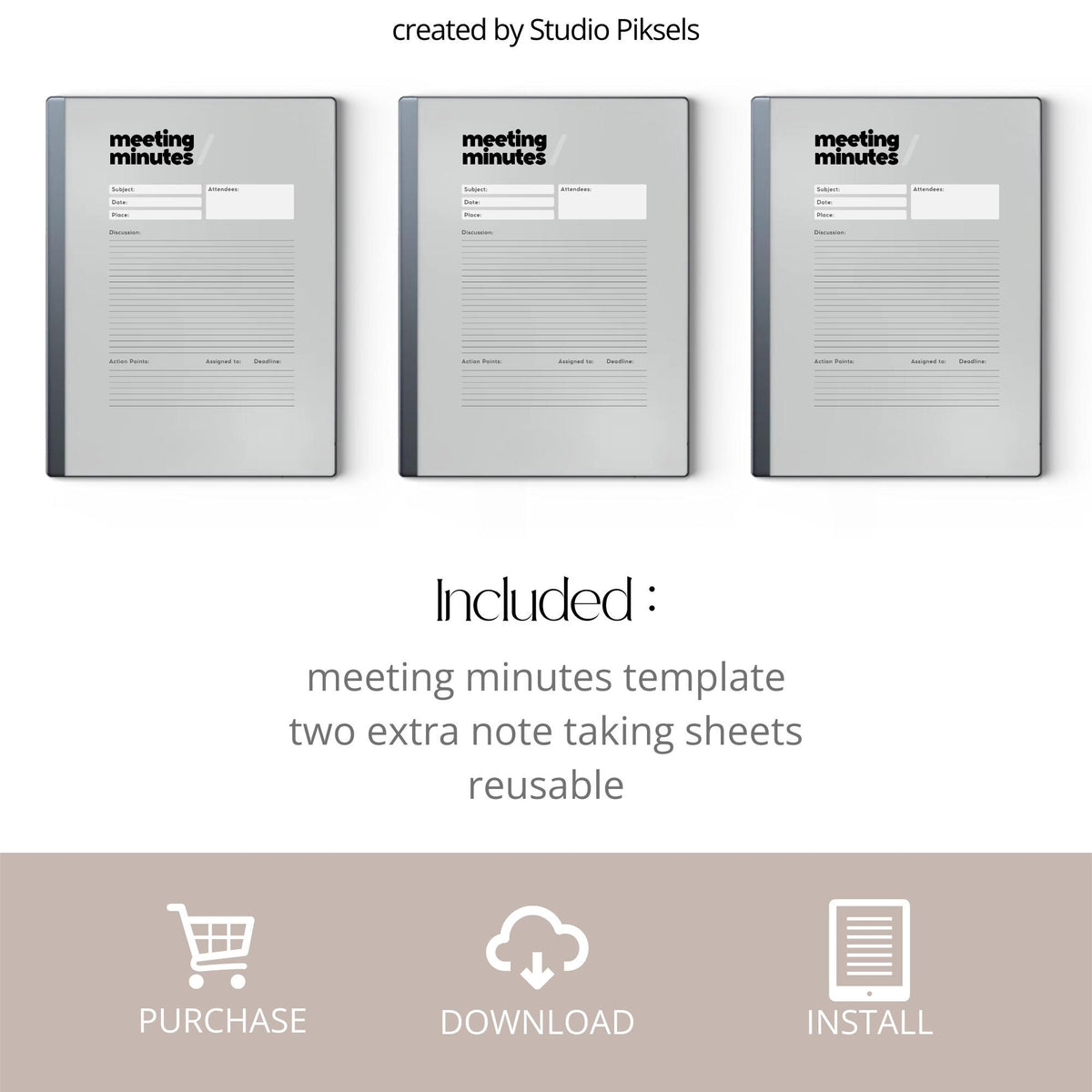 Meeting Minutes Template Bundle PDF for reMarkable 2 and Paper Pure with grayscale meeting templates, lined notes pages, and dotted note-taking layouts