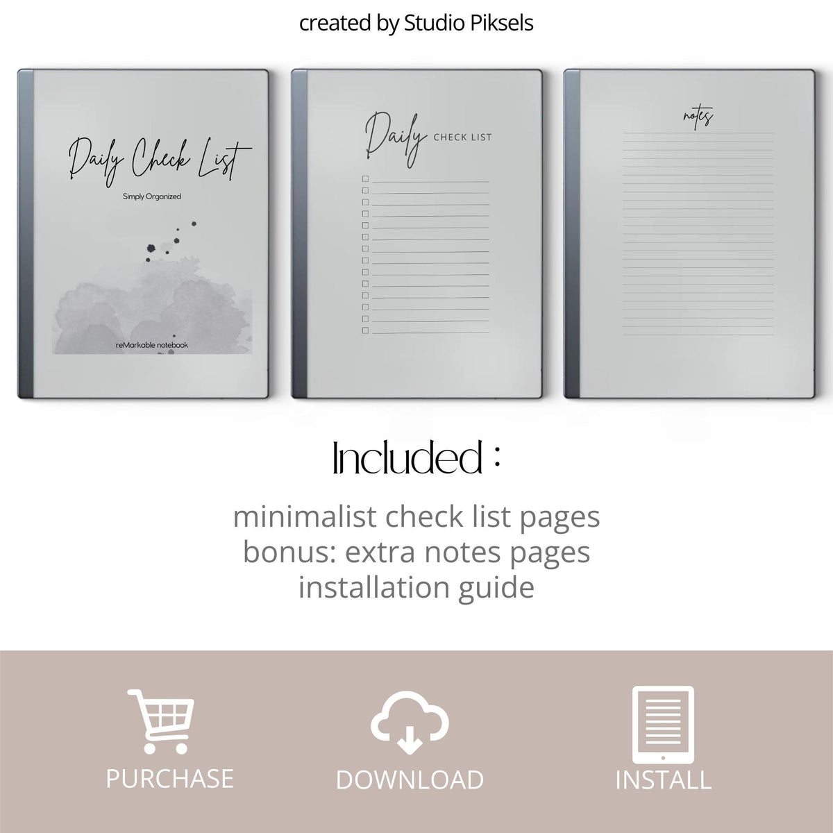 Daily Checklist for reMarkable 2 and reMarkable Paper Pure featuring structured digital task tracker pages, extra notes sections, and minimalist productivity layouts