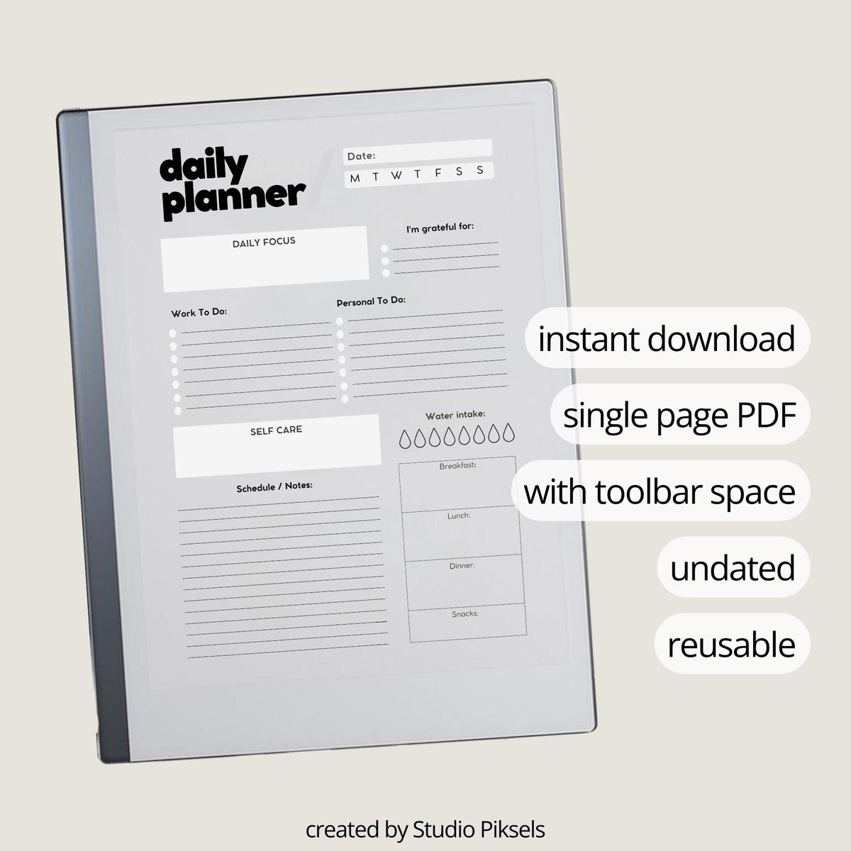 Minimalist Daily Planner for reMarkable 2 featuring an undated reusable PDF layout with daily focus, gratitude, personal and work task lists, meal planner, water tracker, self-care section, notes area, and bonus note-taking template.