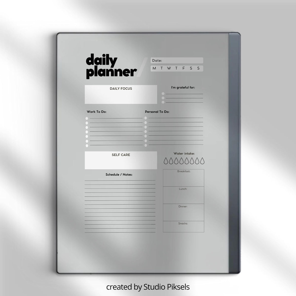 Daily Planner Bundle for reMarkable 2 and reMarkable Paper Pure featuring minimalist digital planners with hourly schedules, task lists, meal planning, and notes sections