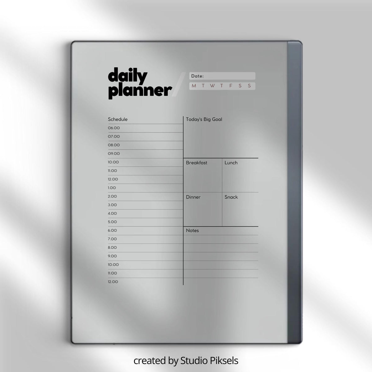 Daily Planner Bundle for reMarkable 2 and reMarkable Paper Pure featuring minimalist digital planners with hourly schedules, task lists, meal planning, and notes sections