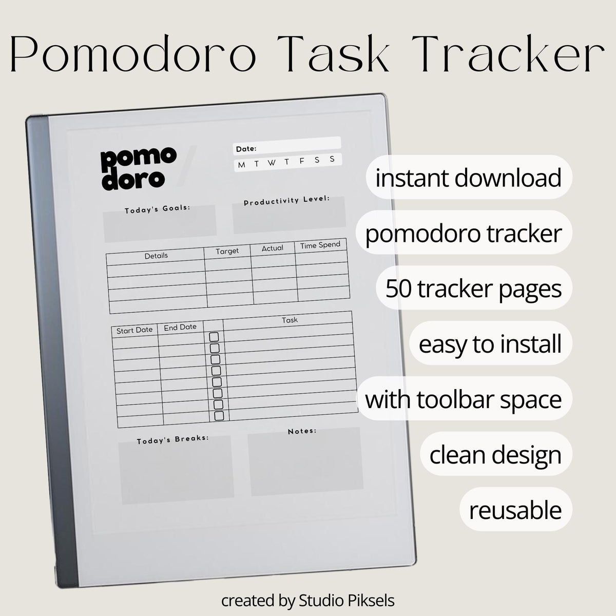 Pomodoro Planner for reMarkable featuring a minimalist digital PDF notebook with 50 Pomodoro tracker pages, focused work session sections, task planning areas, extra note-taking sheets, and clean productivity layout.