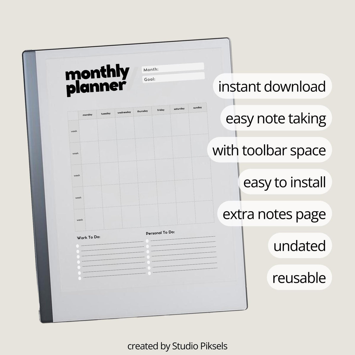 Reusable monthly planner for reMarkable Paper Pure and reMarkable 2 with undated calendar and minimalist notes layout