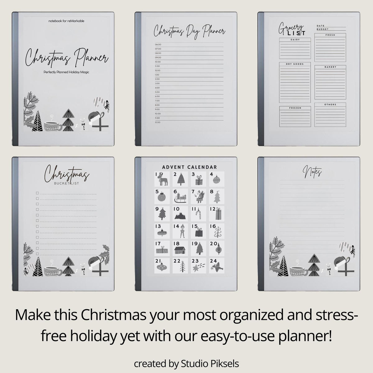 Christmas Planner for reMarkable 2 and reMarkable Paper Pure featuring holiday planning pages, meal prep layouts, grocery lists, advent calendar, and festive digital organization templates