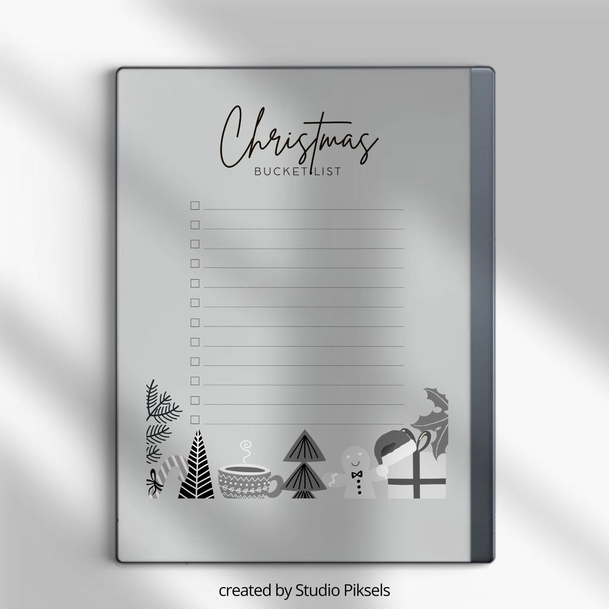 Christmas Planner for reMarkable 2 and reMarkable Paper Pure featuring holiday planning pages, meal prep layouts, grocery lists, advent calendar, and festive digital organization templates