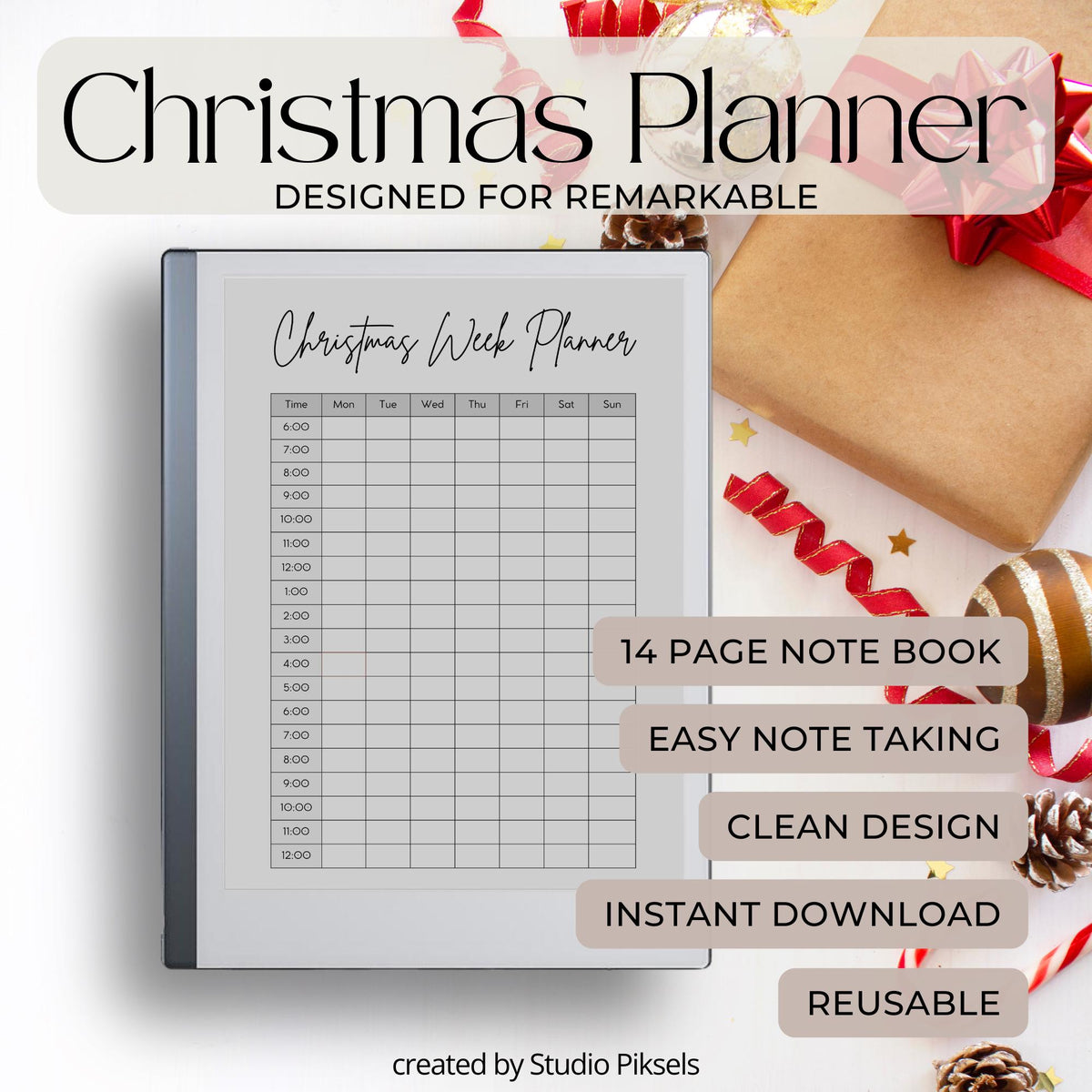 Christmas Planner for reMarkable 2 and reMarkable Paper Pure featuring holiday planning pages, meal prep layouts, grocery lists, advent calendar, and festive digital organization templates