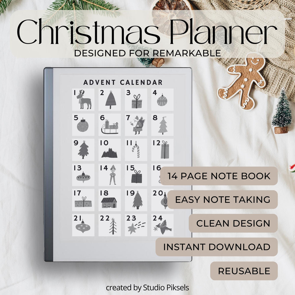 Christmas Planner for reMarkable 2 and reMarkable Paper Pure featuring holiday planning pages, meal prep layouts, grocery lists, advent calendar, and festive digital organization templates