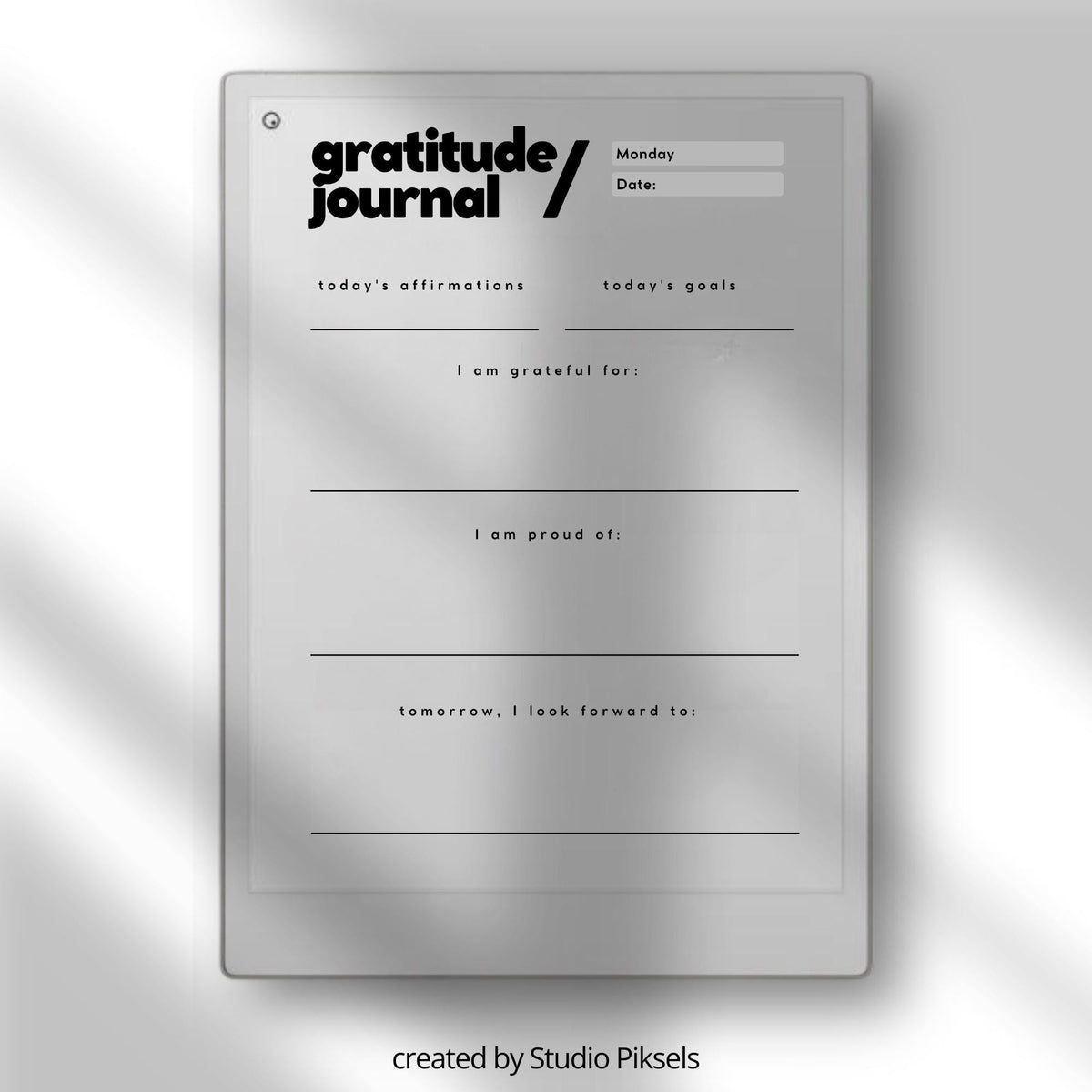 Gratitude Journal for reMarkable Paper Pro with daily reflection prompts, mindfulness journaling pages, affirmations, and reusable digital gratitude layouts.