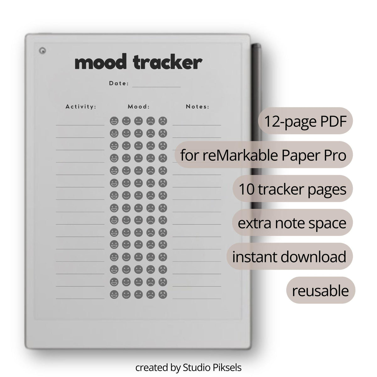 Digital Mood Tracker Template for reMarkable Paper Pro featuring daily mood logging pages with emotion tracking sections, activity tracking space, reflection notes, and reusable wellness journal layouts for mindful digital journaling and emotional awareness.