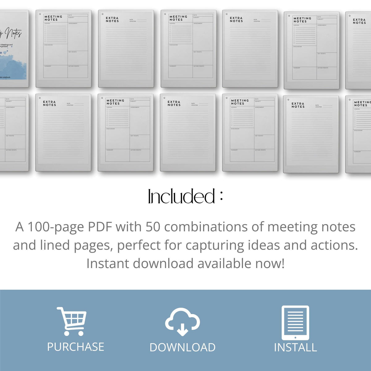 Meeting Minutes Template for reMarkable Paper Pro with structured meeting note layouts, lined writing pages, and professional digital notebooks for productivity and planning. 
