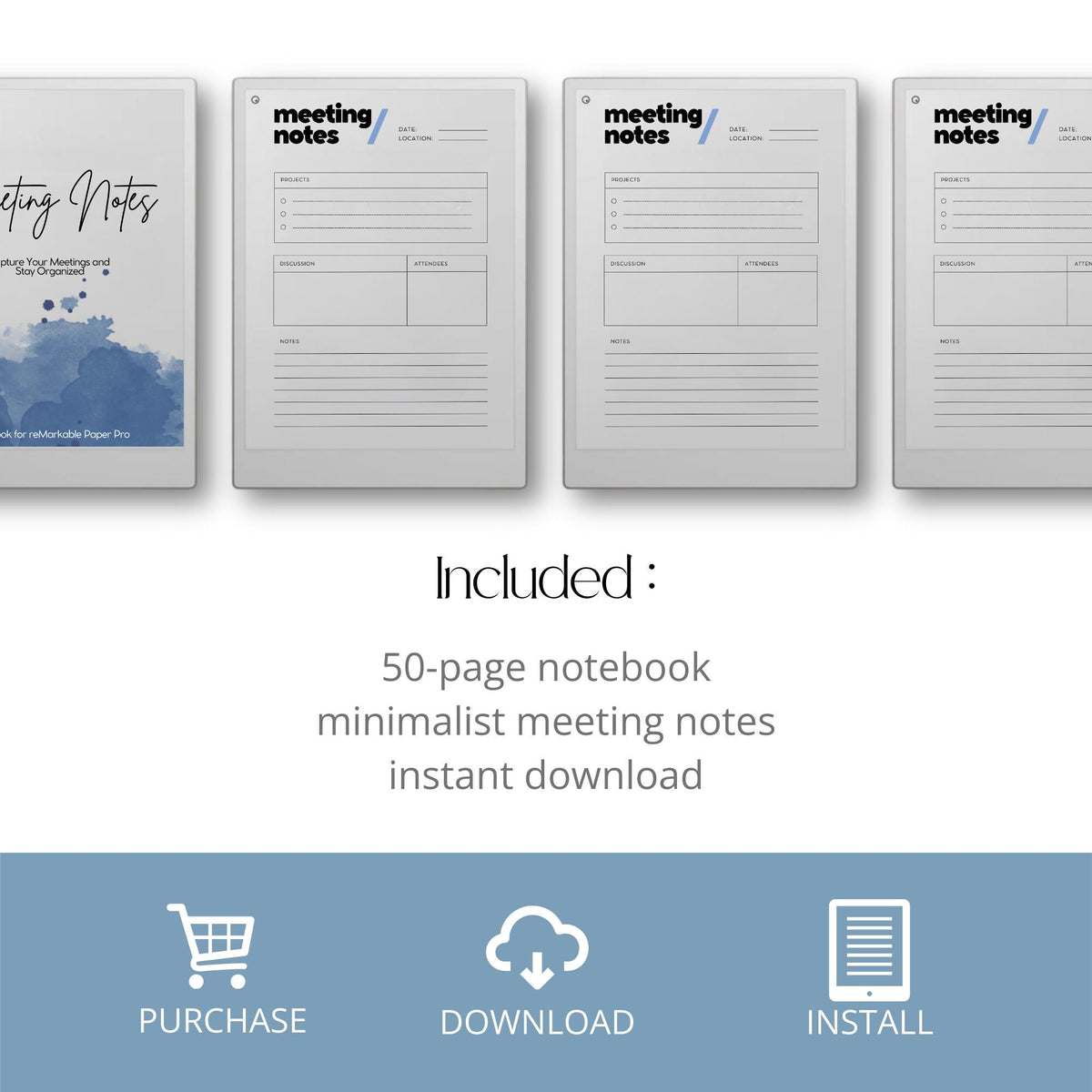 Meeting Minutes Template for reMarkable Paper Pro structured digital planner with 50 pages for meeting notes, project tracking, and professional documentation. Clean minimalist layout for organized note-taking and efficient meeting management.
