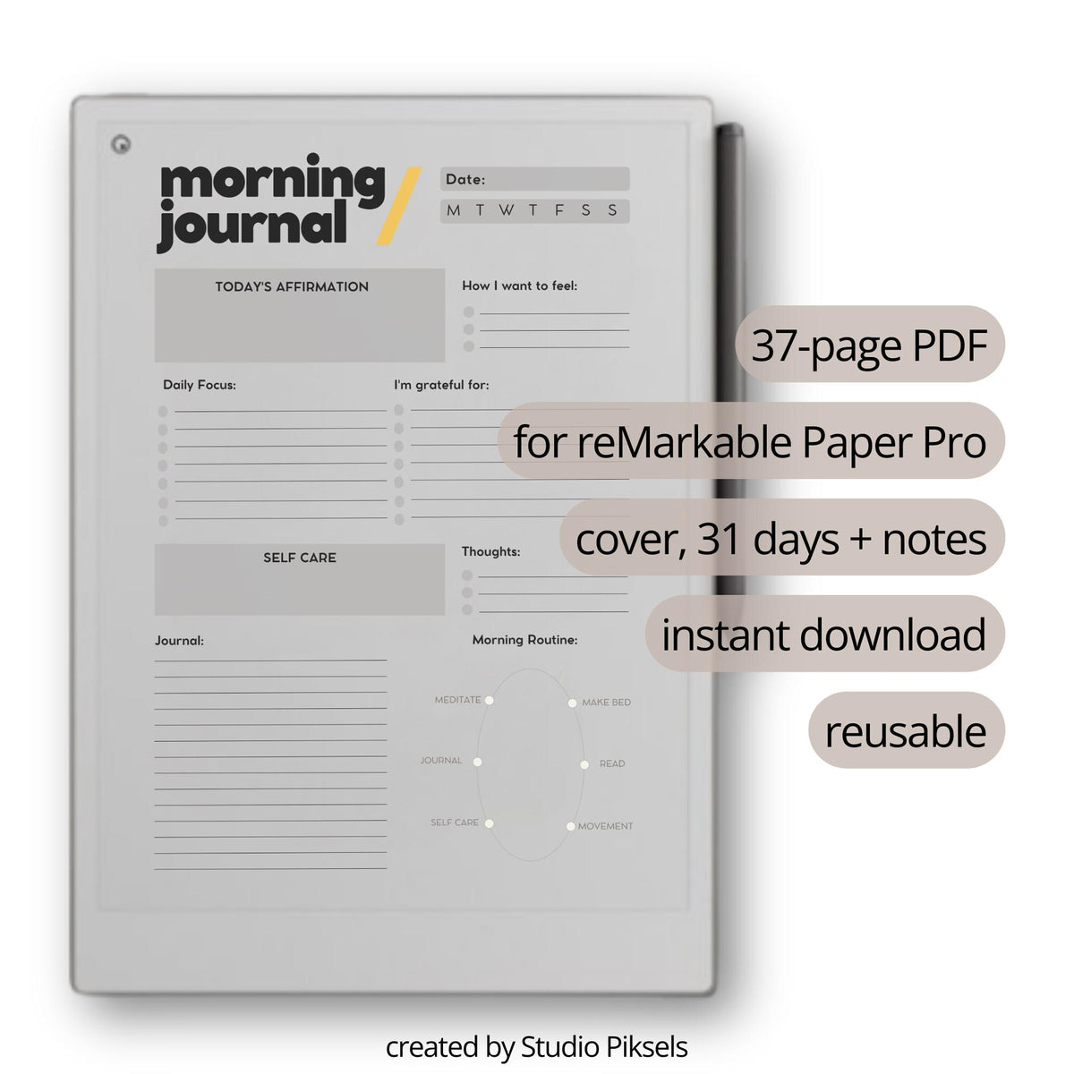 Morning Journal for reMarkable Paper Pro with guided digital journaling pages for gratitude, mindfulness, reflection, and daily planning