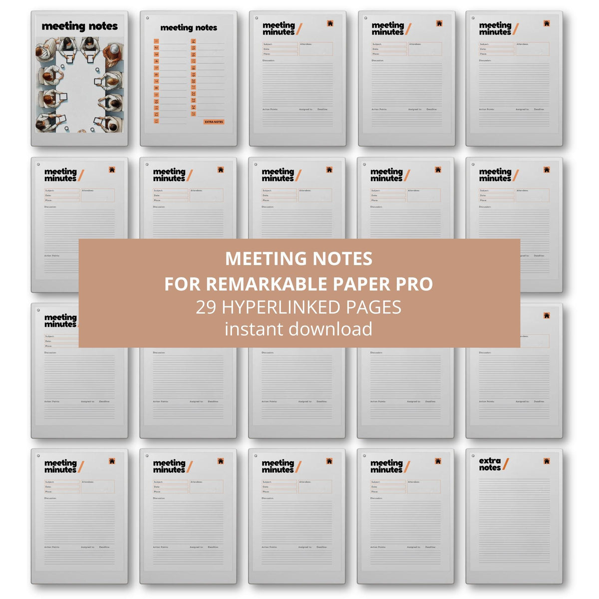 Keep discussions, decisions, and action items organized with a reusable meeting minutes notebook designed to support productive meetings and efficient digital note-taking on reMarkable Paper Pro.