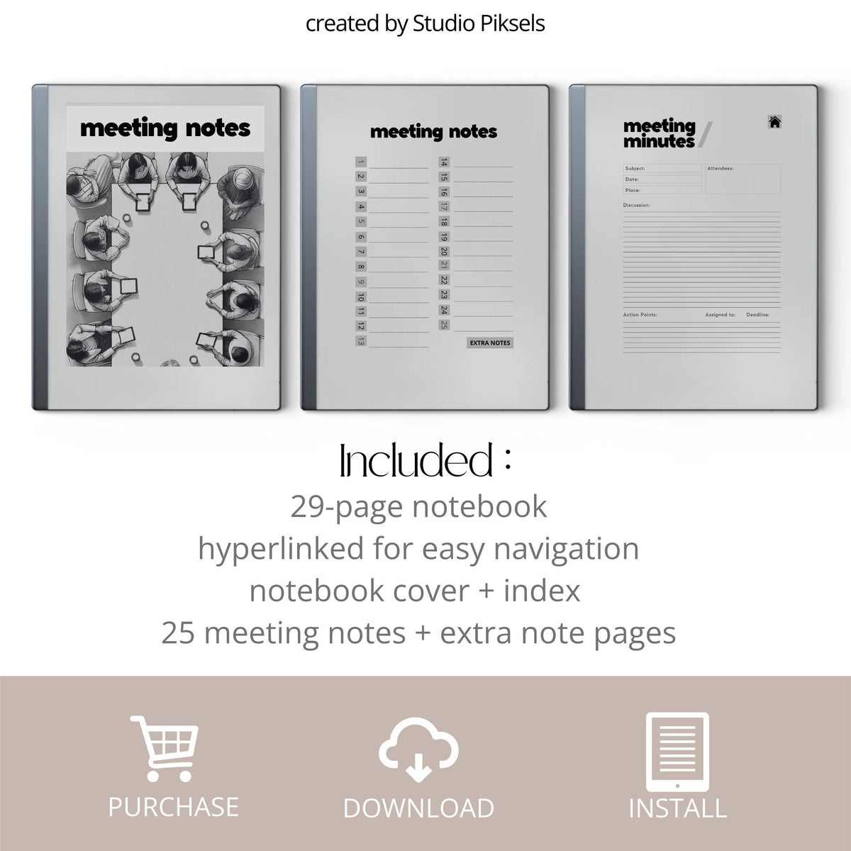 Hyperlinked Meeting Notes Template for reMarkable 2 and reMarkable Paper Pure featuring structured meeting pages, clickable navigation, and minimalist digital note-taking layouts