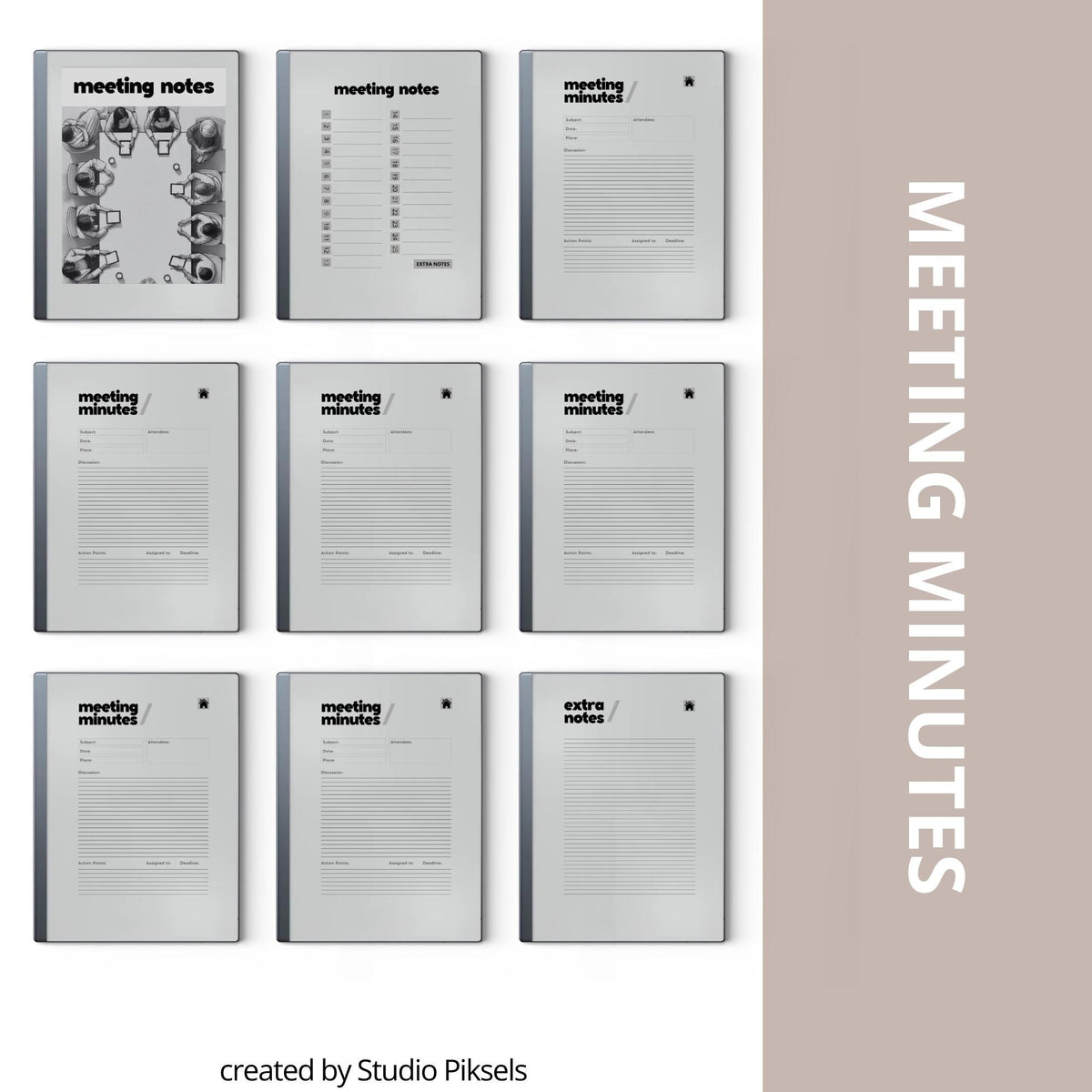Hyperlinked Meeting Notes Template for reMarkable 2 and reMarkable Paper Pure featuring structured meeting pages, clickable navigation, and minimalist digital note-taking layouts