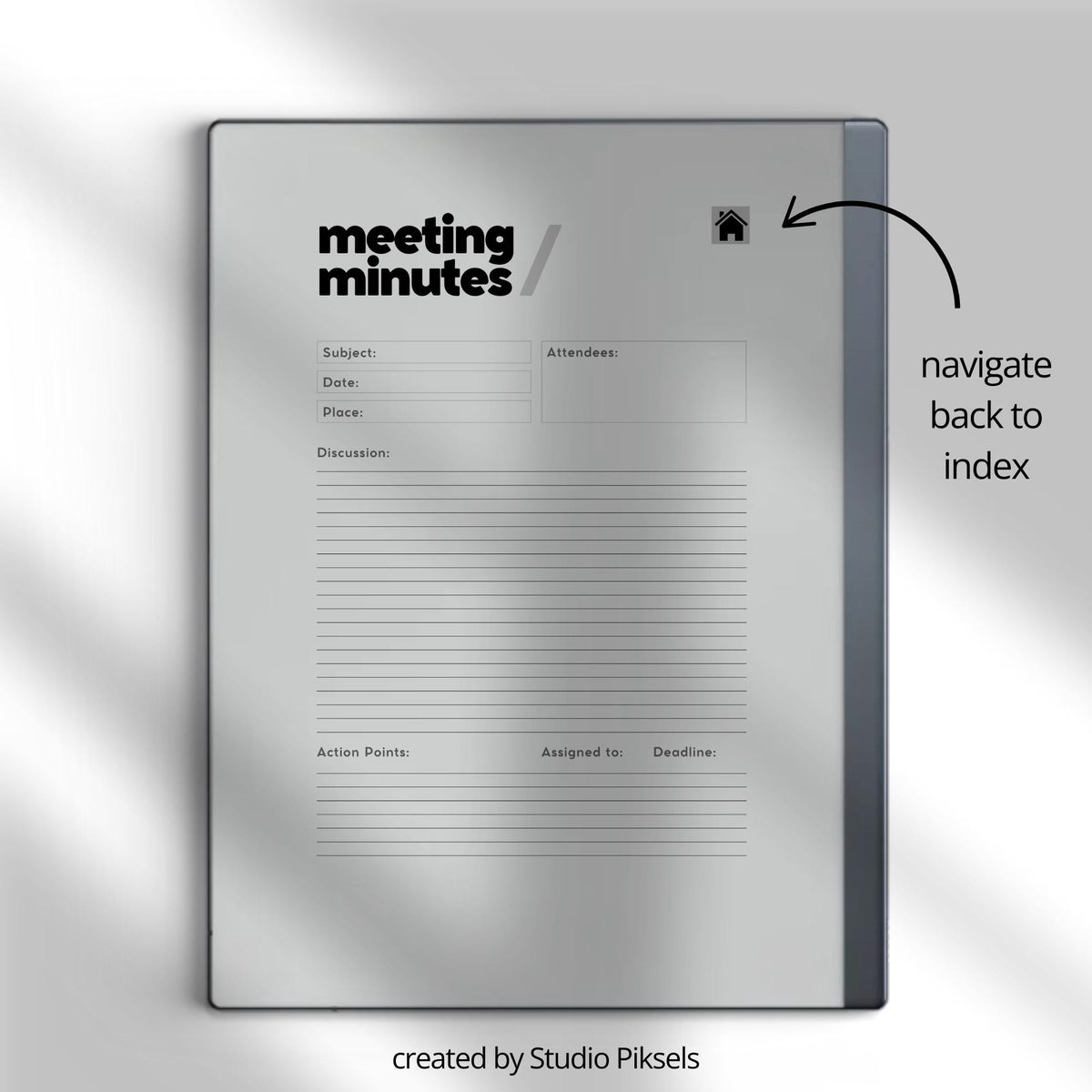 Hyperlinked Meeting Notes Template for reMarkable 2 and reMarkable Paper Pure featuring structured meeting pages, clickable navigation, and minimalist digital note-taking layouts