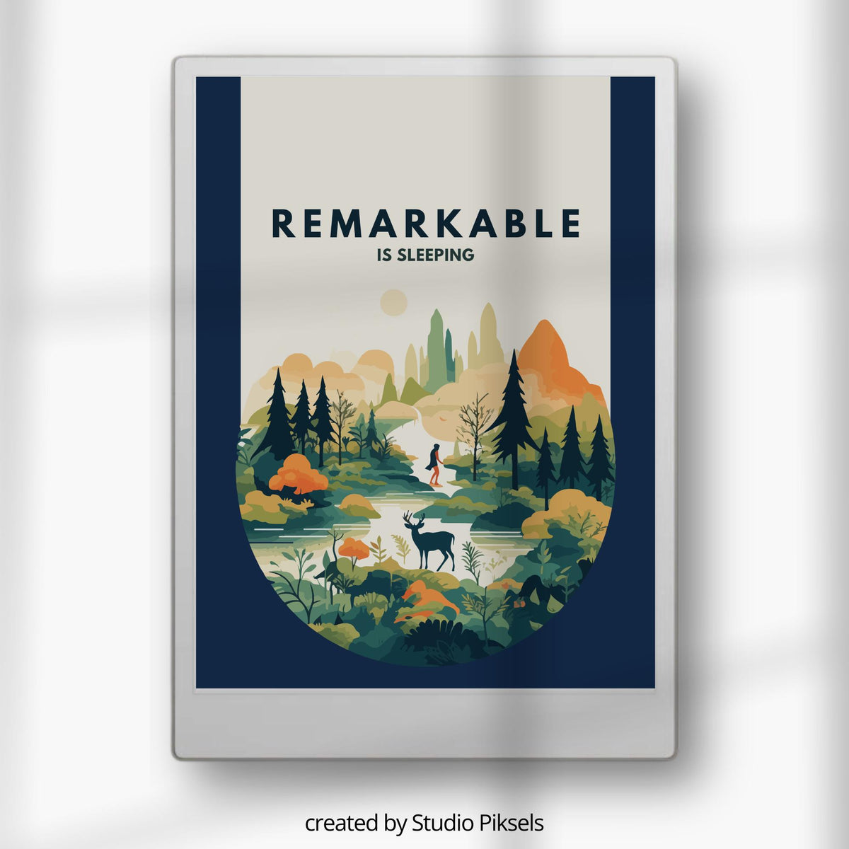 Enhance your reMarkable Paper Pro with a scenic landscape sleep screen. Featuring a hiker crossing a river with a deer nearby, set against lush forests and majestic mountains, this design provides a calming and nature-inspired display.