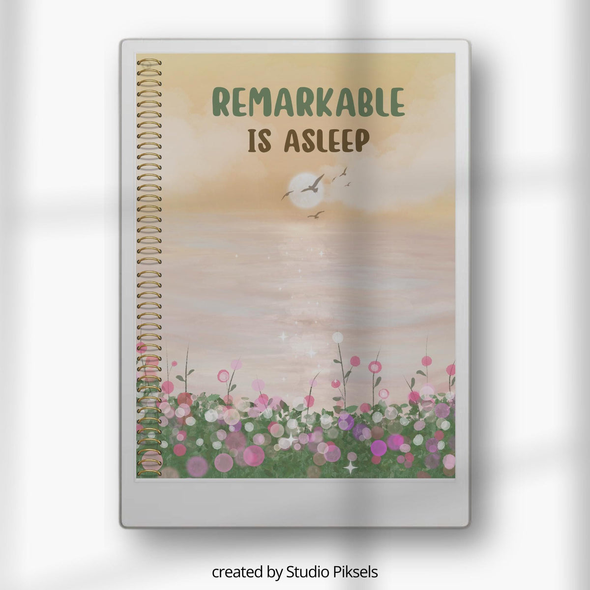 Sunset sleep screen for reMarkable Paper Pro featuring watercolor landscape artwork with calm waters, flying birds, wildflowers, and soft nature-inspired colors for relaxing E Ink device customization.