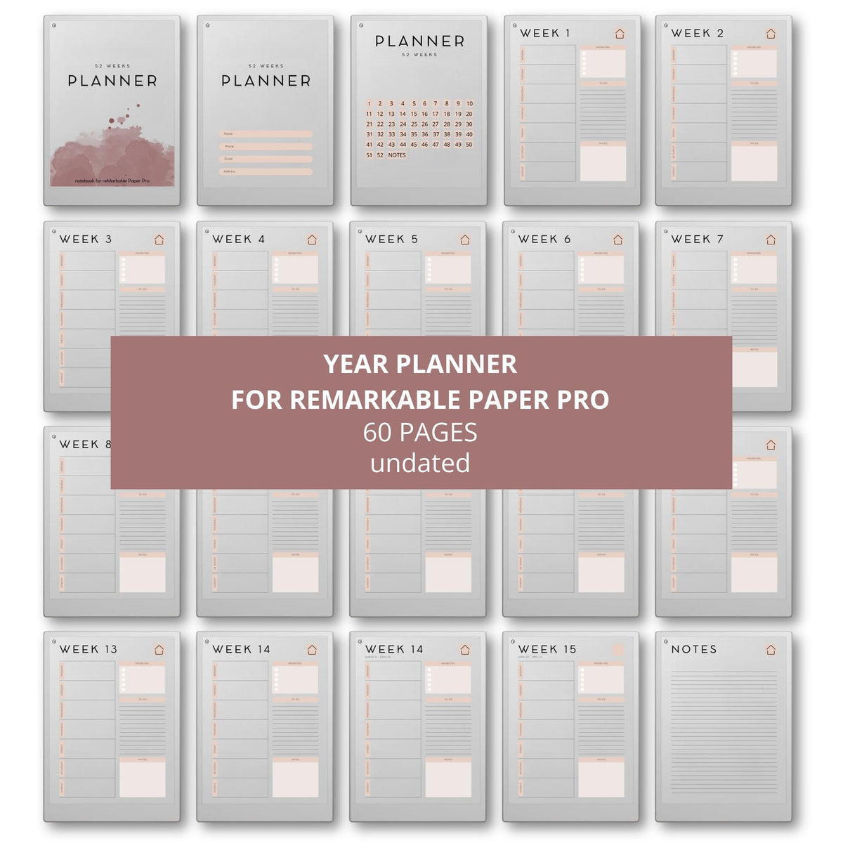 Undated planner for reMarkable Paper Pro flexible digital weekly planner with 60 undated pages for goal setting, task management, and structured planning. Includes hyperlinked navigation, weekly priorities, to-do lists, and notes sections for organized productivity.