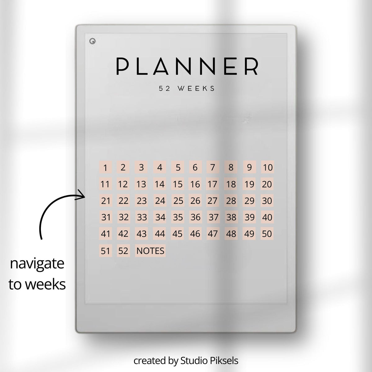 Undated planner for reMarkable Paper Pro flexible digital weekly planner with 60 undated pages for goal setting, task management, and structured planning. Includes hyperlinked navigation, weekly priorities, to-do lists, and notes sections for organized productivity.