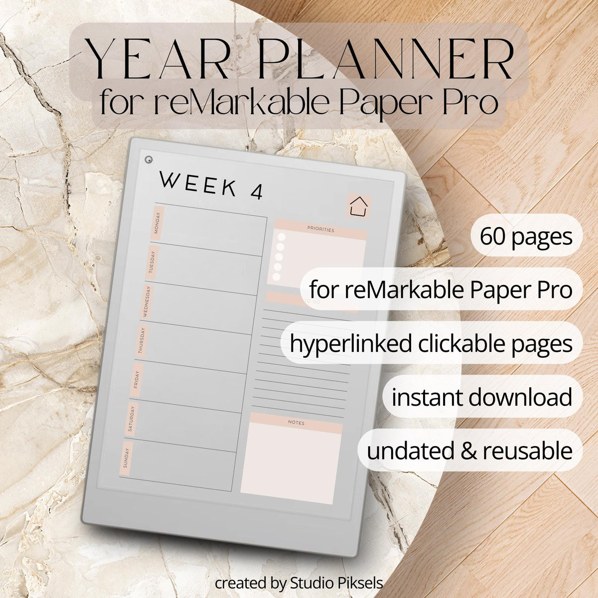 Undated planner for reMarkable Paper Pro flexible digital weekly planner with 60 undated pages for goal setting, task management, and structured planning. Includes hyperlinked navigation, weekly priorities, to-do lists, and notes sections for organized productivity.