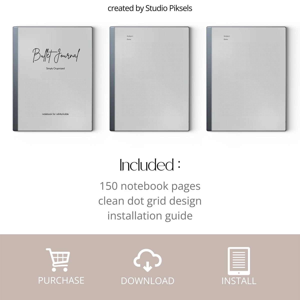 Bullet Journal for reMarkable 2 and reMarkable Paper Pure featuring 150 dot grid digital notebook pages with minimalist layouts for journaling and planning