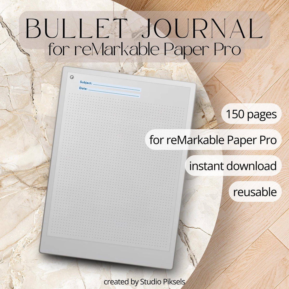 Bullet Journal for reMarkable Paper Pro minimalist digital notebook with 150 dot grid pages for note-taking, journaling, and planning. Clean minimalist layout designed for flexible writing and organization, optimized for reMarkable Paper Pro.