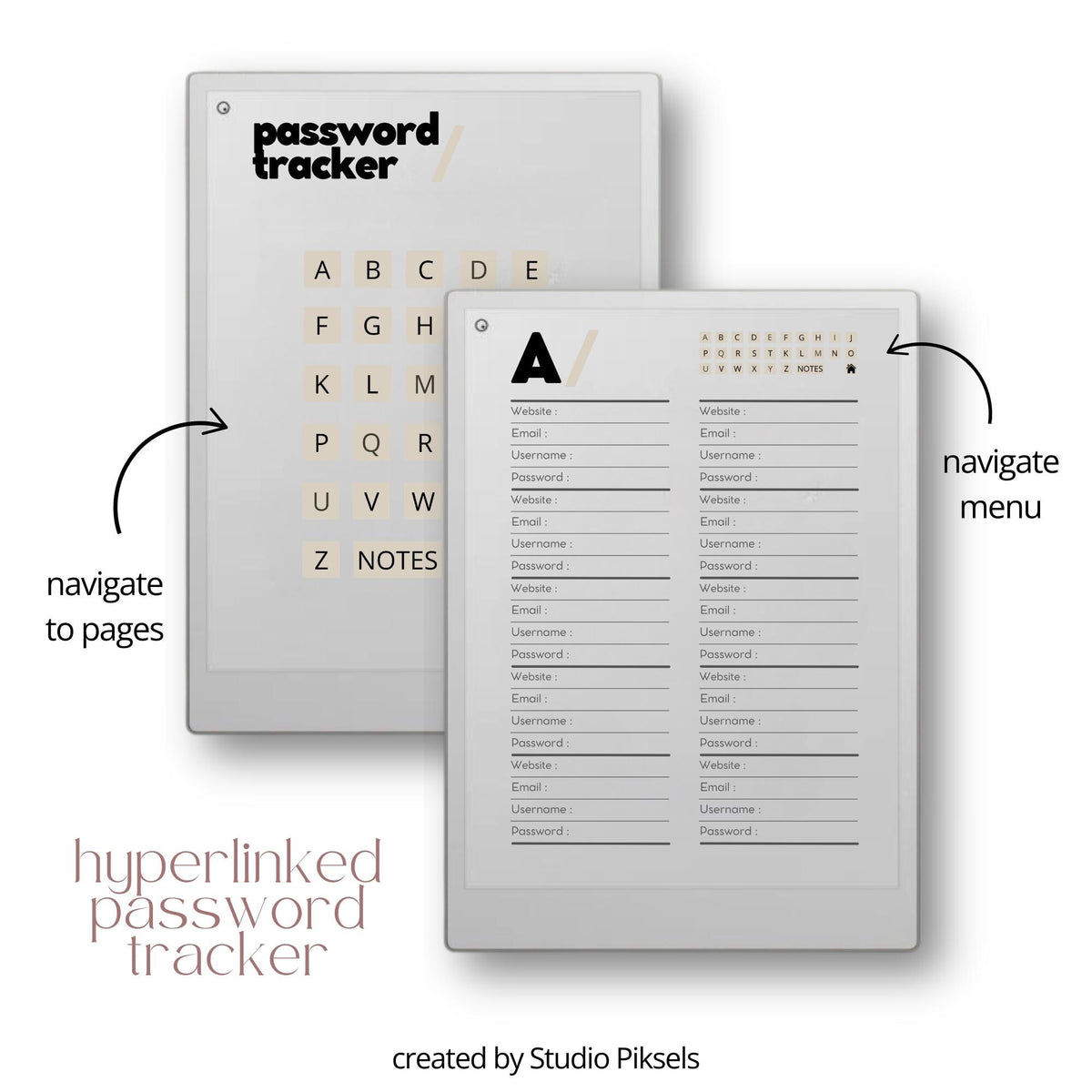 Starter Bundle for reMarkable Paper Pro all-in-one digital planner bundle with hyperlinked year planner, address book, password tracker, notebook, and productivity templates. Includes structured planning tools, organization layouts, and creative pages for daily use on reMarkable Paper Pro.