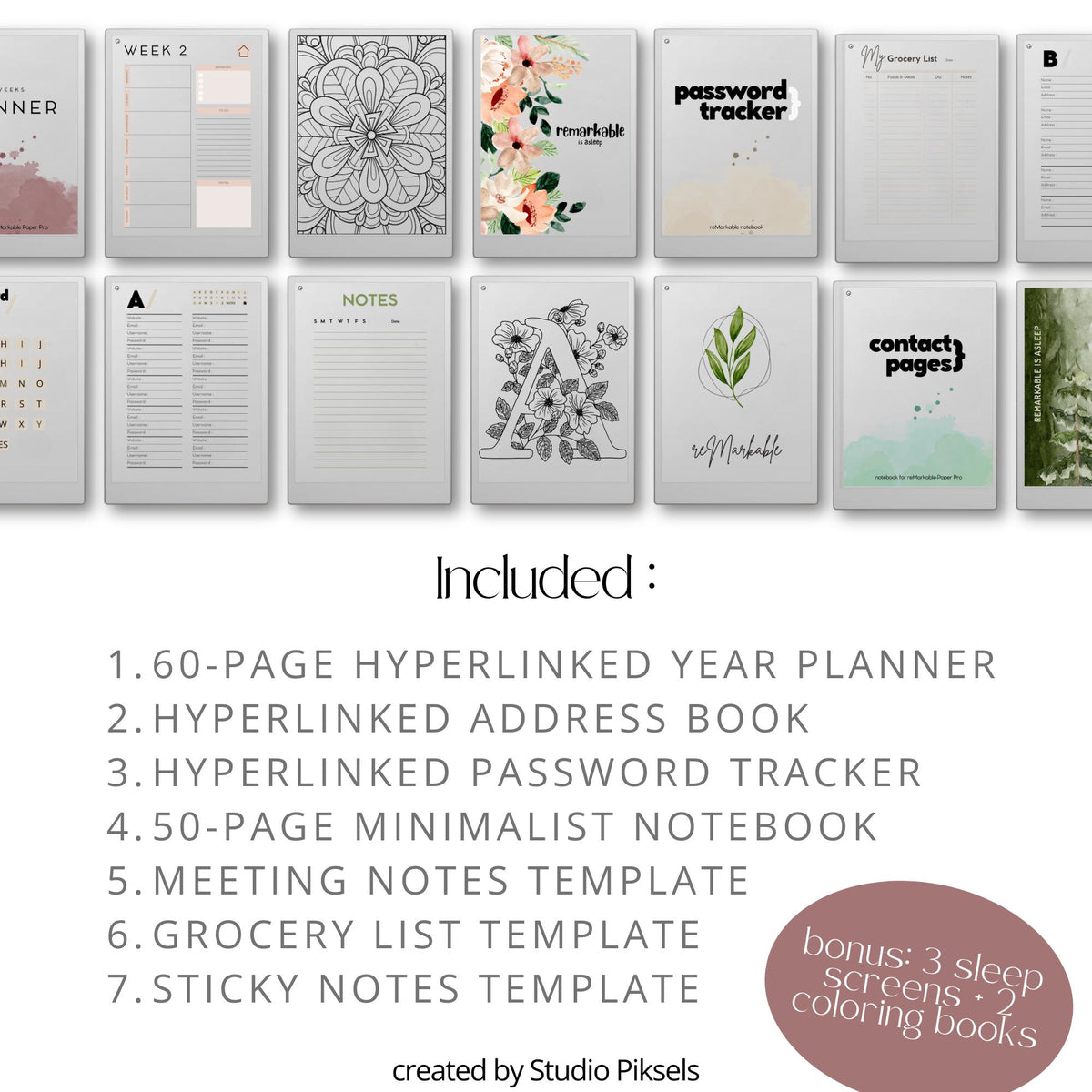 Starter Bundle for reMarkable Paper Pro all-in-one digital planner bundle with hyperlinked year planner, address book, password tracker, notebook, and productivity templates. Includes structured planning tools, organization layouts, and creative pages for daily use on reMarkable Paper Pro.