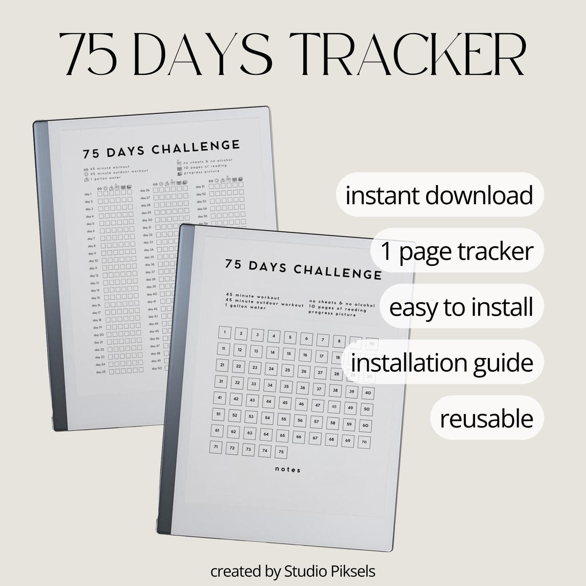 75-Day Challenge Tracker Bundle PDF for reMarkable 2 and Paper Pure with grayscale fitness tracking pages and minimalist habit challenge layouts