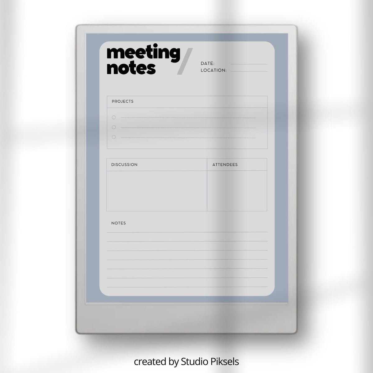 Meeting Minutes Template for reMarkable Paper Pro featuring 30 digital PDF pages with sections for project details, attendees, discussion points, notes, decisions, reminders, follow-up details, and a clean minimalist professional layout.