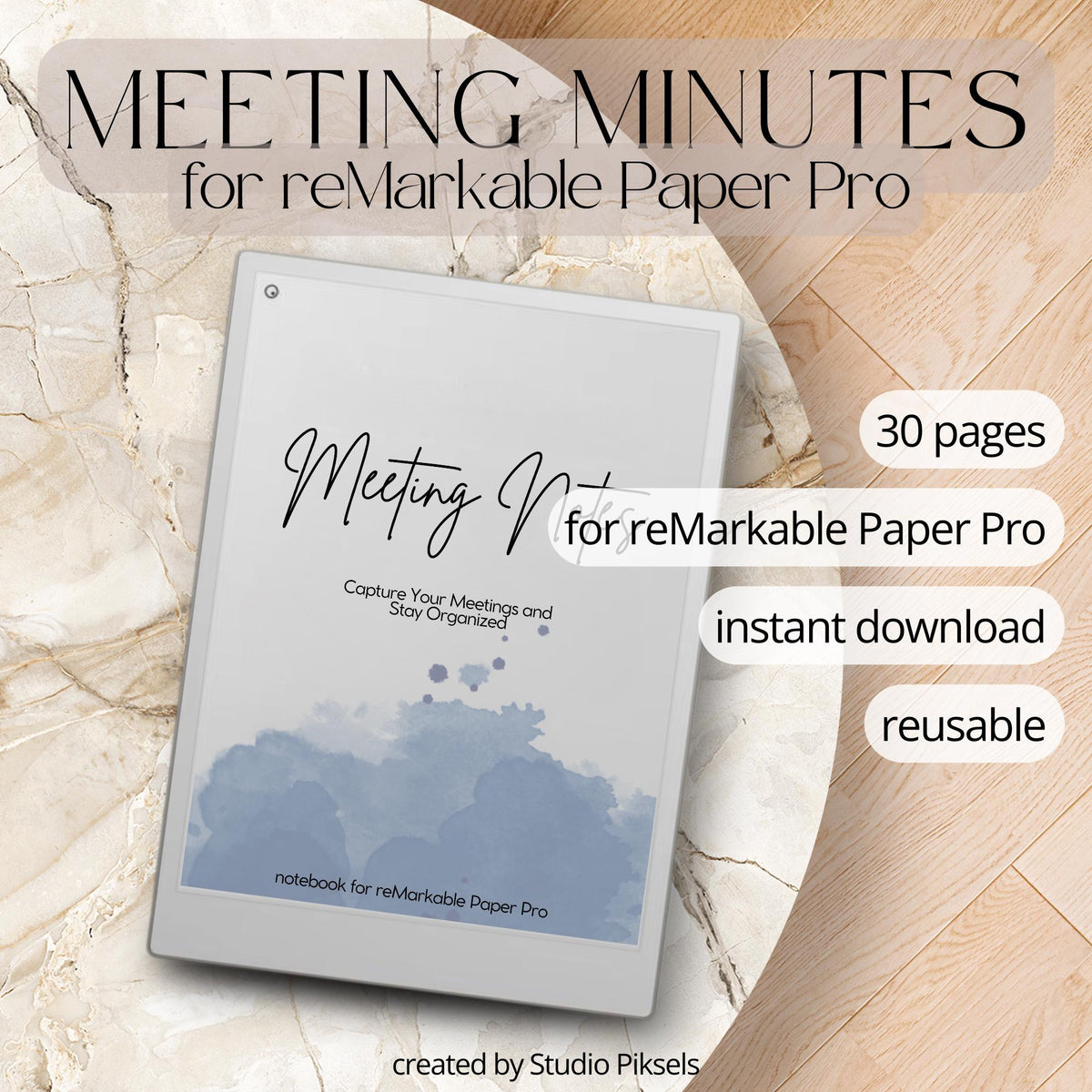 Meeting Minutes Template for reMarkable Paper Pro featuring 30 digital PDF pages with sections for project details, attendees, discussion points, notes, decisions, reminders, follow-up details, and a clean minimalist professional layout.