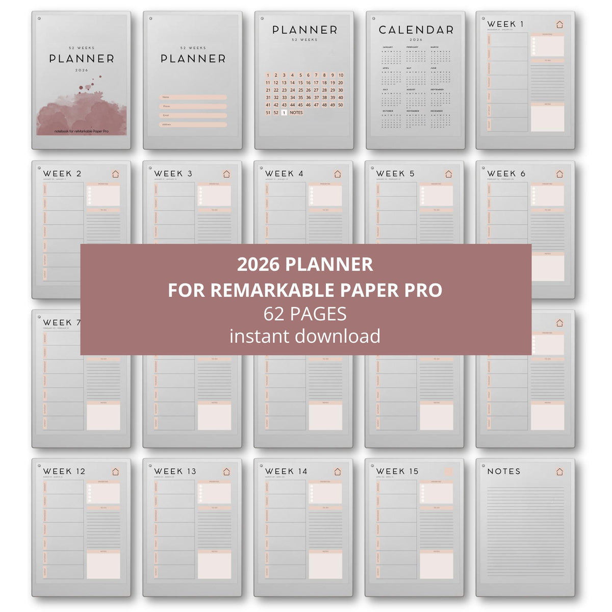 52 Week Planner for reMarkable Paper Pro: Weekly 2026 Planner With Full Year Calendar, Linked Week Tabs and Minimalist Wee...