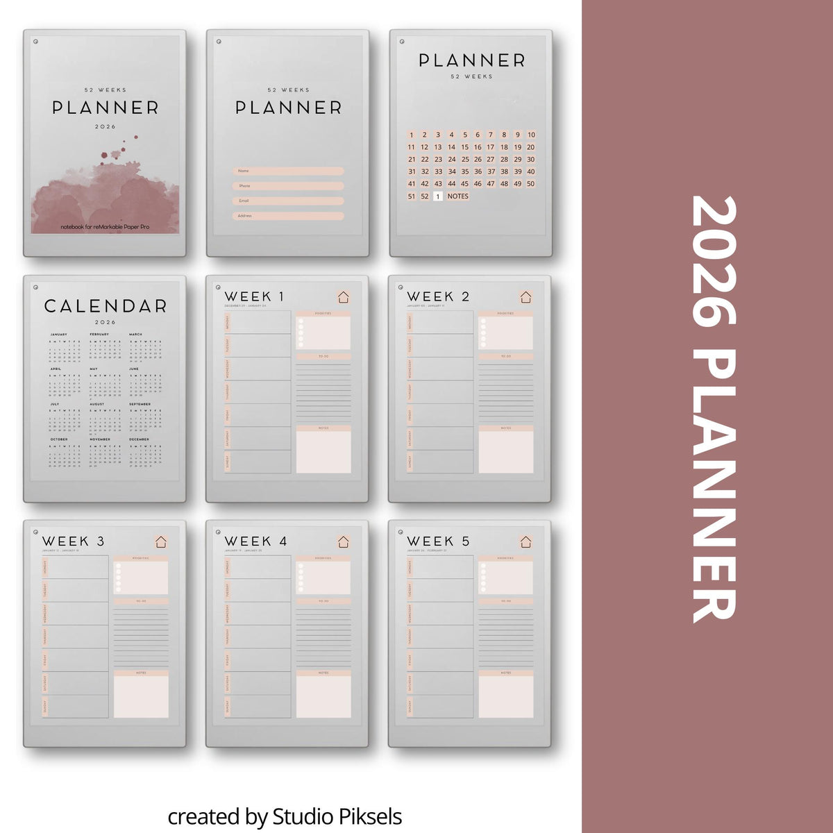 52 Week Planner for reMarkable Paper Pro: Weekly 2026 Planner With Full Year Calendar, Linked Week Tabs and Minimalist Wee...