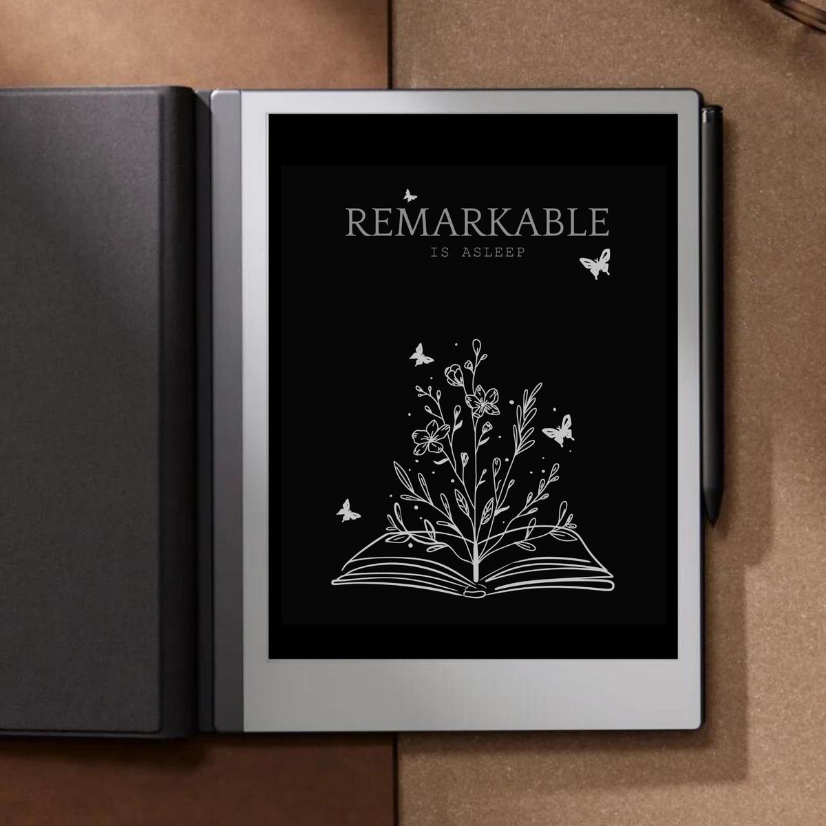 Wildflowers book sleep screen for reMarkable 2 and reMarkable Paper Pure with botanical reading line art artwork in PNG format