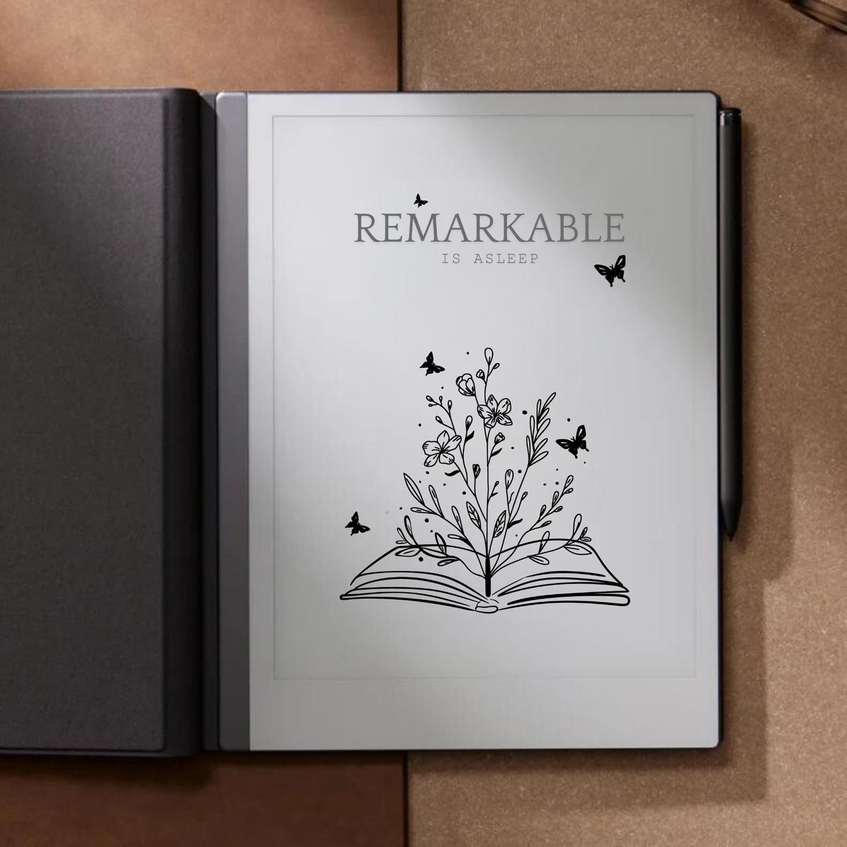Wildflowers book sleep screen for reMarkable 2 and reMarkable Paper Pure with botanical reading line art artwork in PNG format