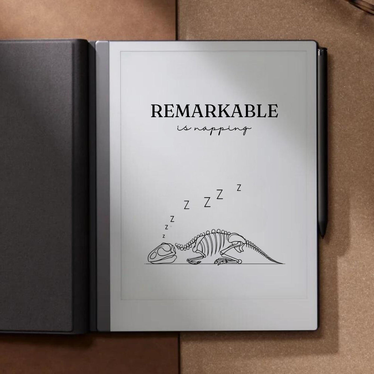 Napping dinosaur sleep screen for reMarkable 2 and reMarkable Paper Pure with cute minimalist dinosaur artwork in PNG format