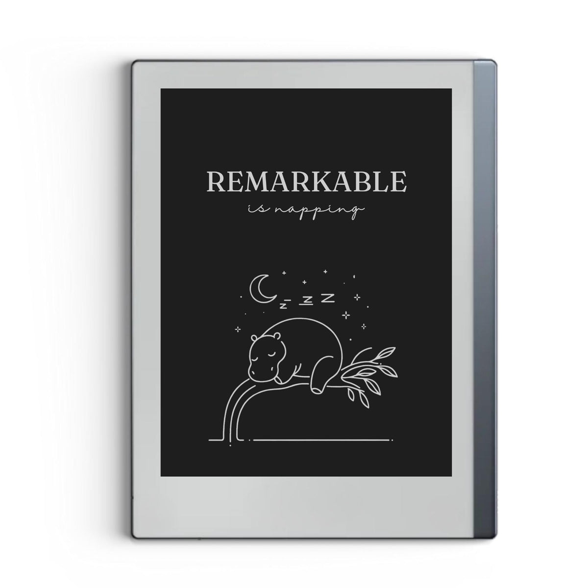 Napping hippo sleep screen for reMarkable 2 and reMarkable Paper Pure with cute minimalist animal line art in PNG format