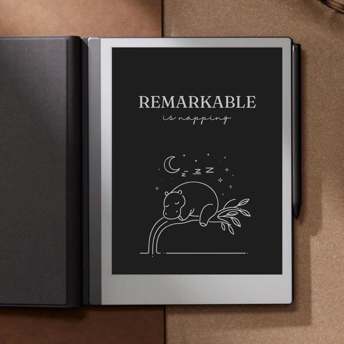Napping hippo sleep screen for reMarkable 2 and reMarkable Paper Pure with cute minimalist animal line art in PNG format