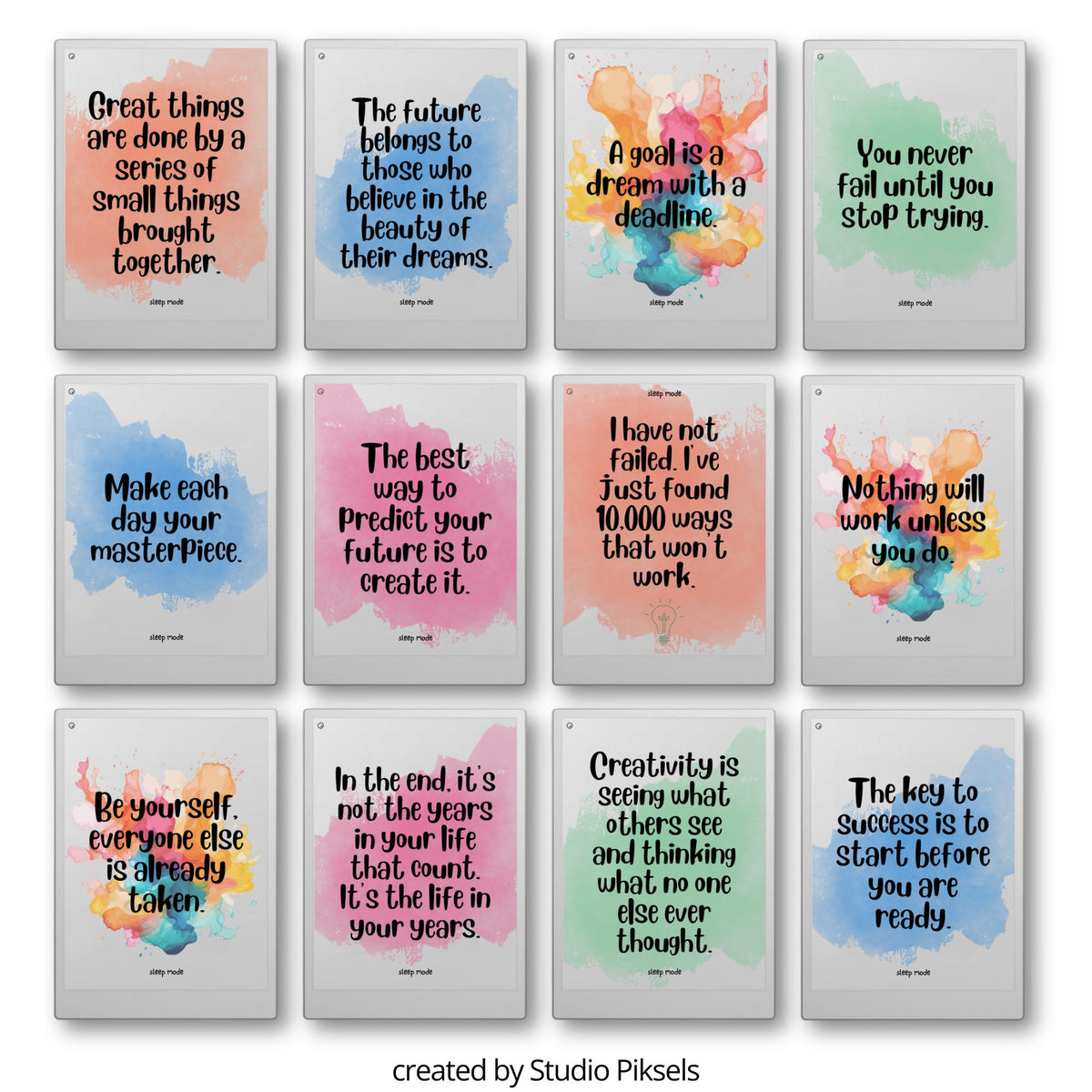Motivational Sleep Screen Bundle for reMarkable Paper Pro. Featuring uplifting quotes paired with colorful watercolor backgrounds, these sleep screens add a creative and positive touch.
