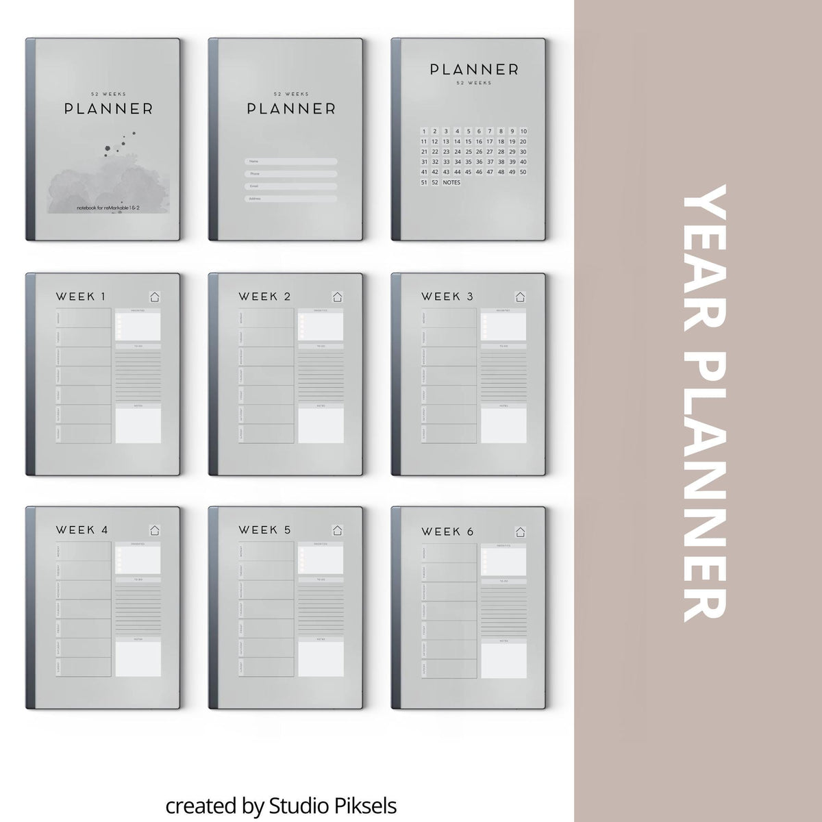 Undated Year Planner for reMarkable 1 and 2 featuring 60 hyperlinked digital PDF pages with weekly planning layouts, clickable navigation, priority sections, to do lists, notes areas, minimalist design, and reusable yearly planning format.