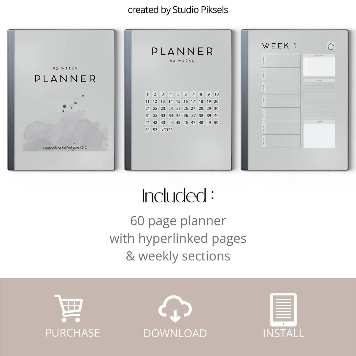 Undated Year Planner for reMarkable 1 and 2 featuring 60 hyperlinked digital PDF pages with weekly planning layouts, clickable navigation, priority sections, to do lists, notes areas, minimalist design, and reusable yearly planning format.