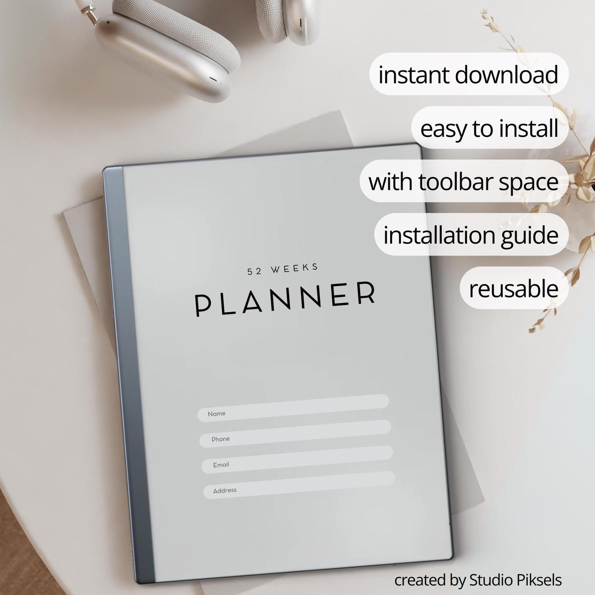 Undated Year Planner for reMarkable 1 and 2 featuring 60 hyperlinked digital PDF pages with weekly planning layouts, clickable navigation, priority sections, to do lists, notes areas, minimalist design, and reusable yearly planning format.