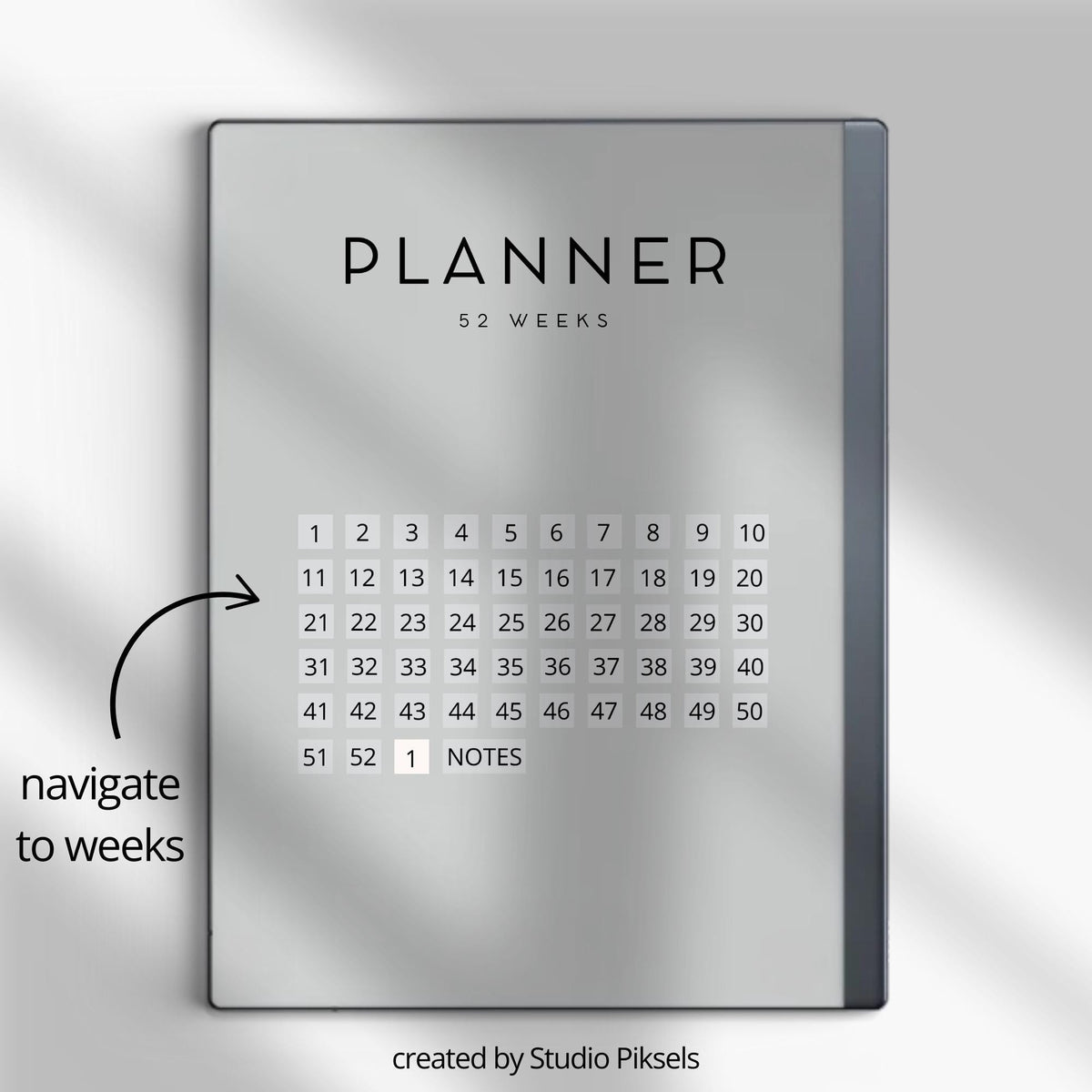 2026 Planner for reMarkable 2 and reMarkable Paper Pure featuring hyperlinked weekly planning pages, notes sections, and minimalist digital layouts